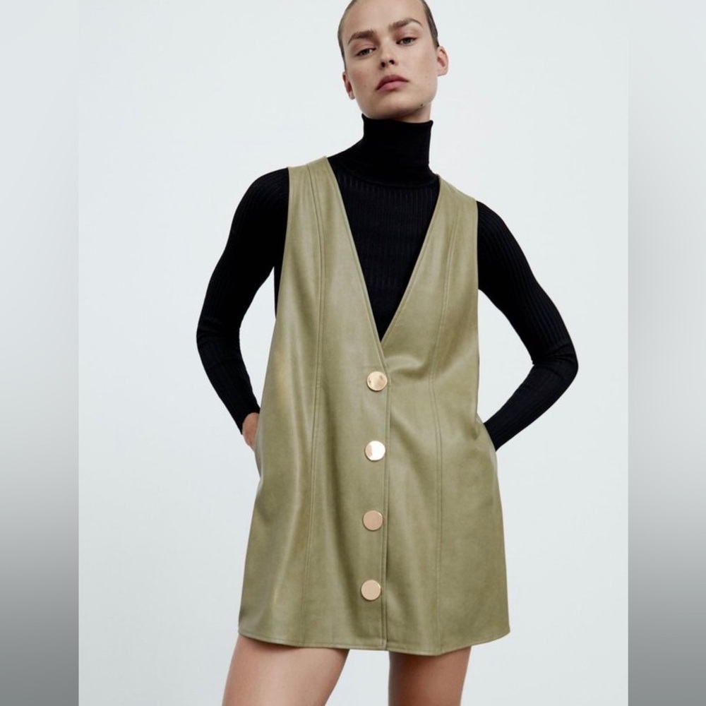 Zara Faux Leather Suede Olive Army Green Sleeveless Mini Dress with Gold Buttons - Picture 1 of 10